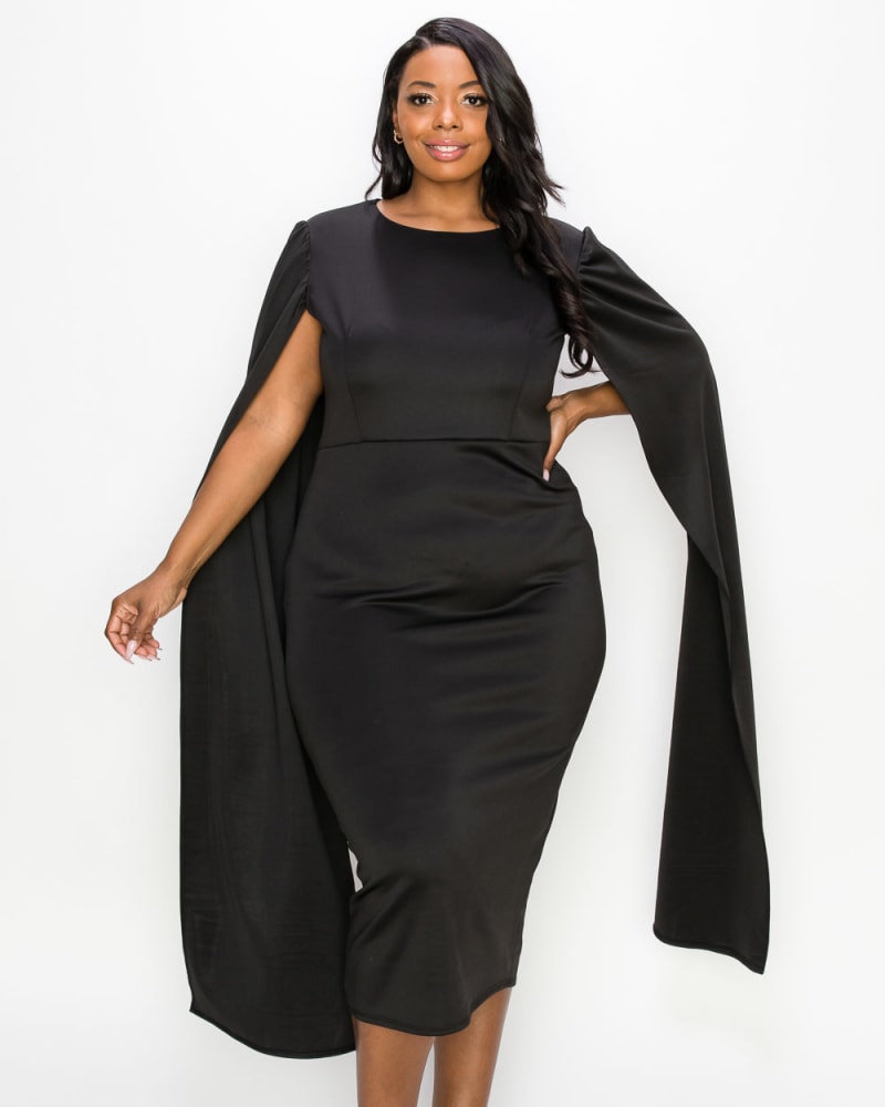 Front of a model wearing a size 1X Naomi Cape Dress in Black by L I V D. | dia_product_style_image_id:240805